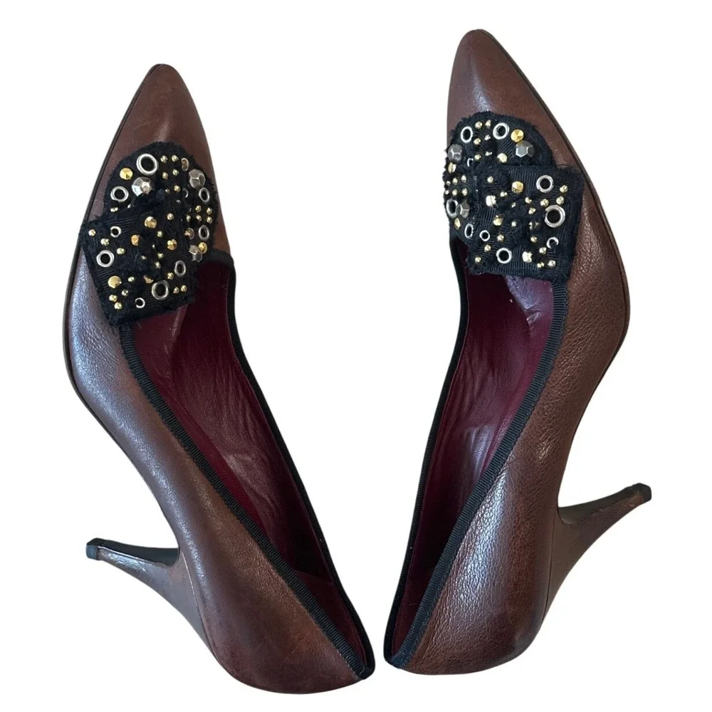 Prada Vintage Brown Leather Studded Grommet Bow Pumps Pointed Toe IT40 9.5